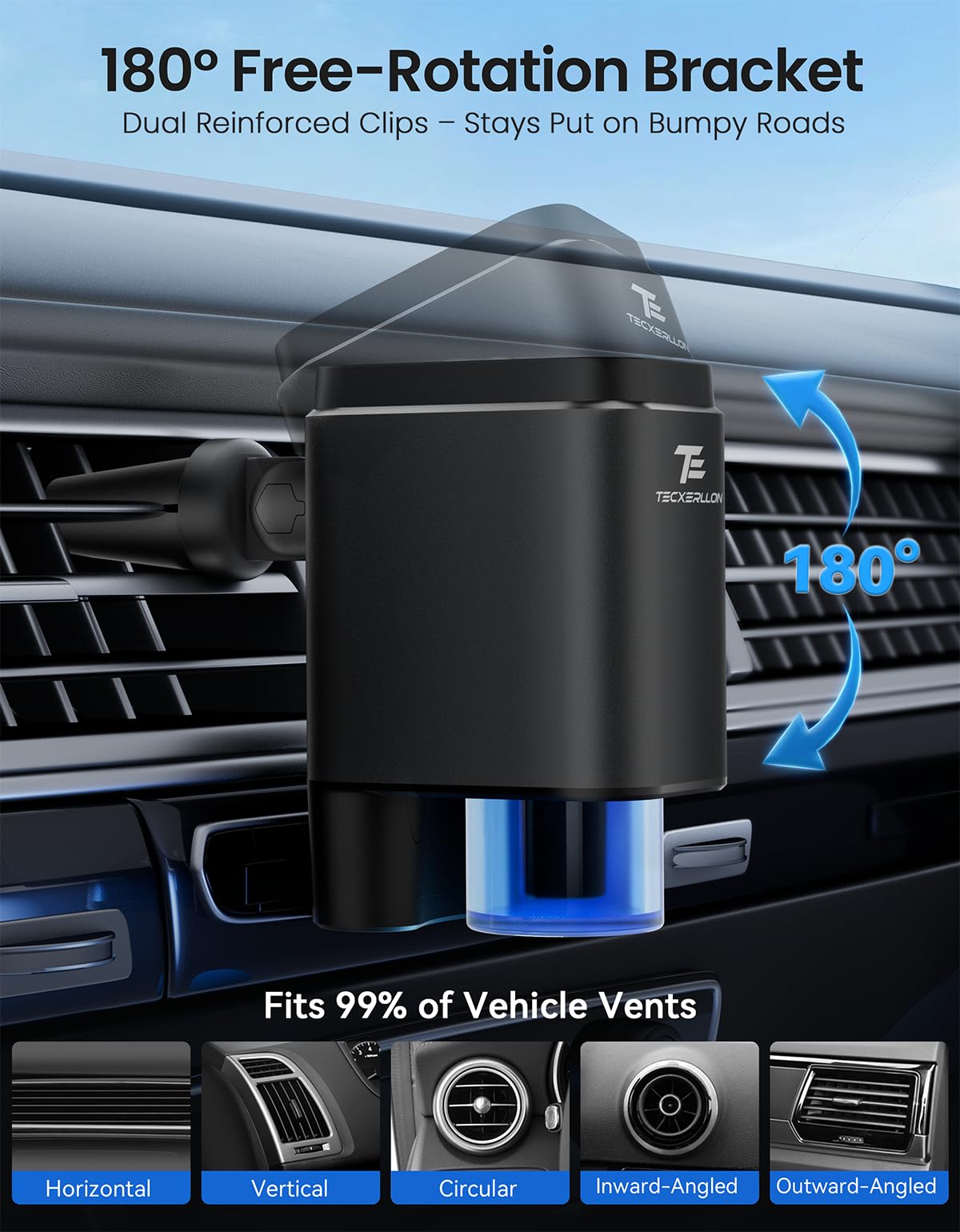 TECXERLLON Diffuseur de Parfum Intelligent pour Voiture avec 6 Parfums (Cologne/Océan/Bois Floraux/Thé Blanc/Lavande/Yuzu), 3 Modes, 3200 Utilisations, Rotation 180°, Allumage/Arrêt Automatique