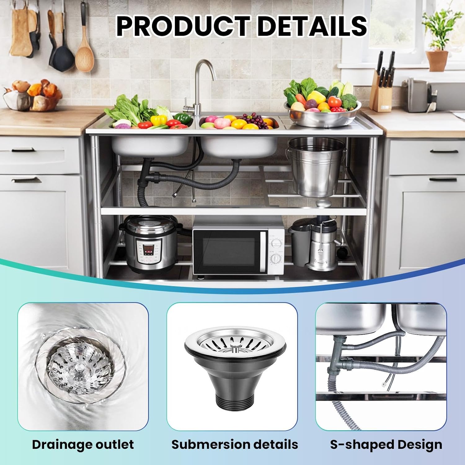 304 Stainless Steel Prep & Utility Sink Free Standing Outdoor Sink, Dual Bowl Commercial Kitchen Sink 2 Compartment for Restaurant, Kitchen, Outdoor (US Stock)
