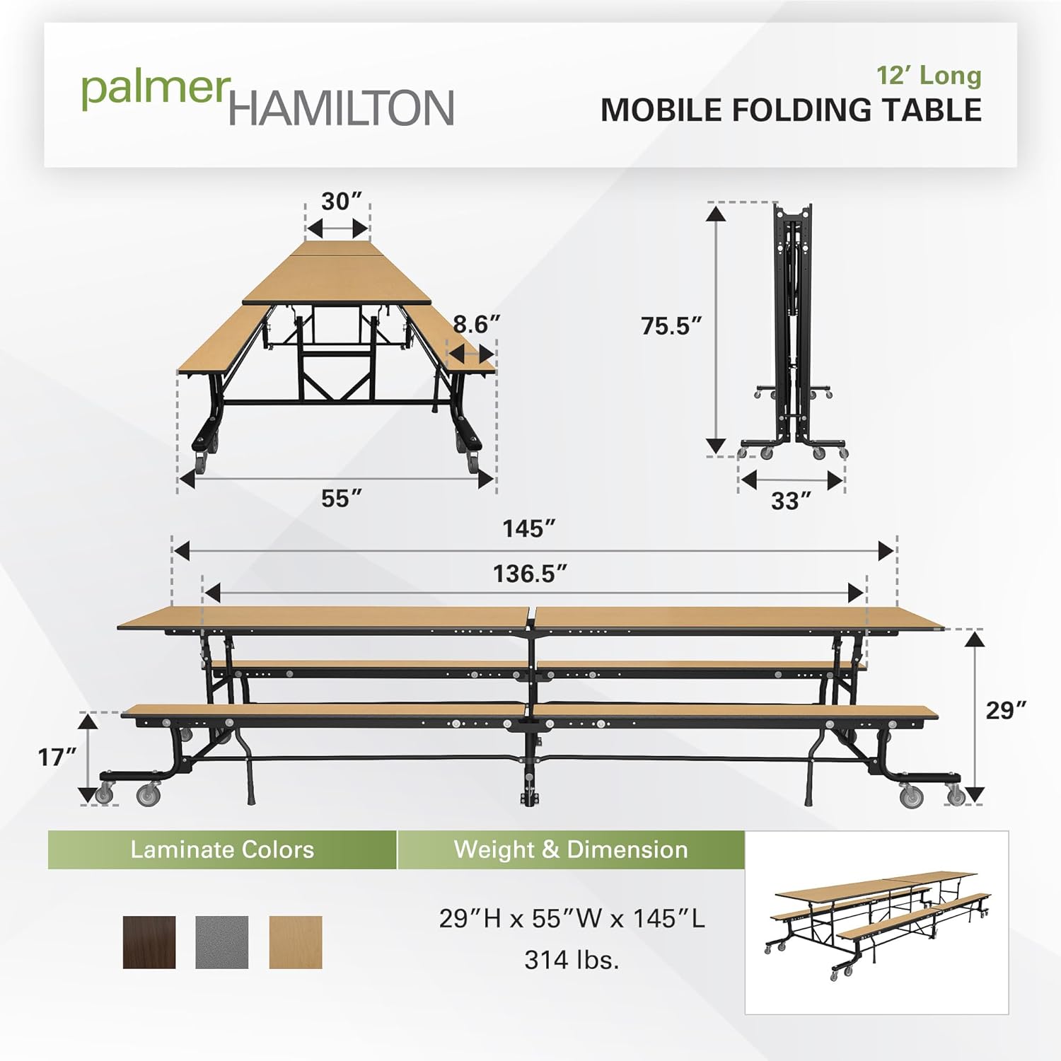 Palmer Hamilton Mobile Folding Bench Cafeteria Table, 12' Long Table with Casters, Commercial Grade, Durable & Space-Saving for School, Office, Breakroom & Multi-Purpose Spaces, Made in The USA