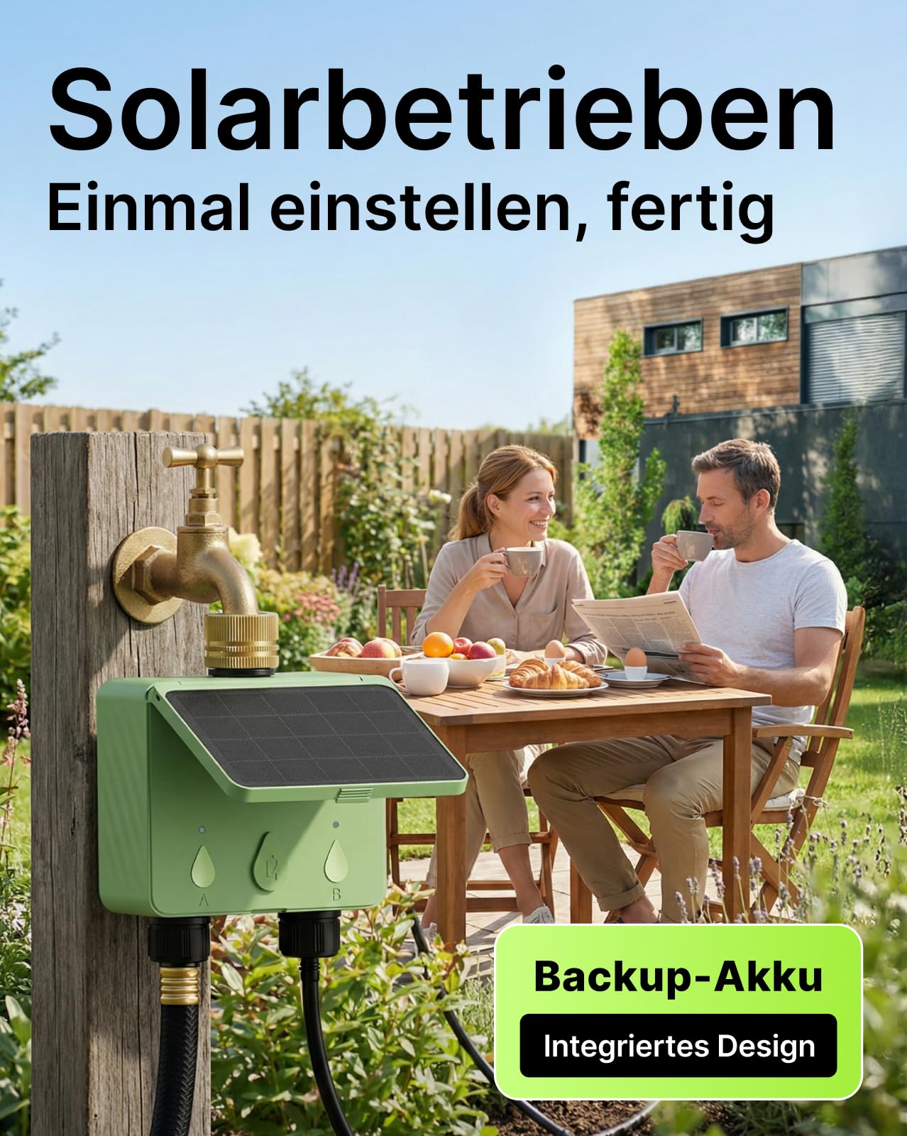 Solar WLAN Bewässerungscomputer für Garten, 2-Wege Smart Bewässerungsuhr mit Durchflussmesser, Kein Hub erforderlich, Messing-Einlass, App & Sprachsteuerung (Alexa/Google), Regenverzögerung