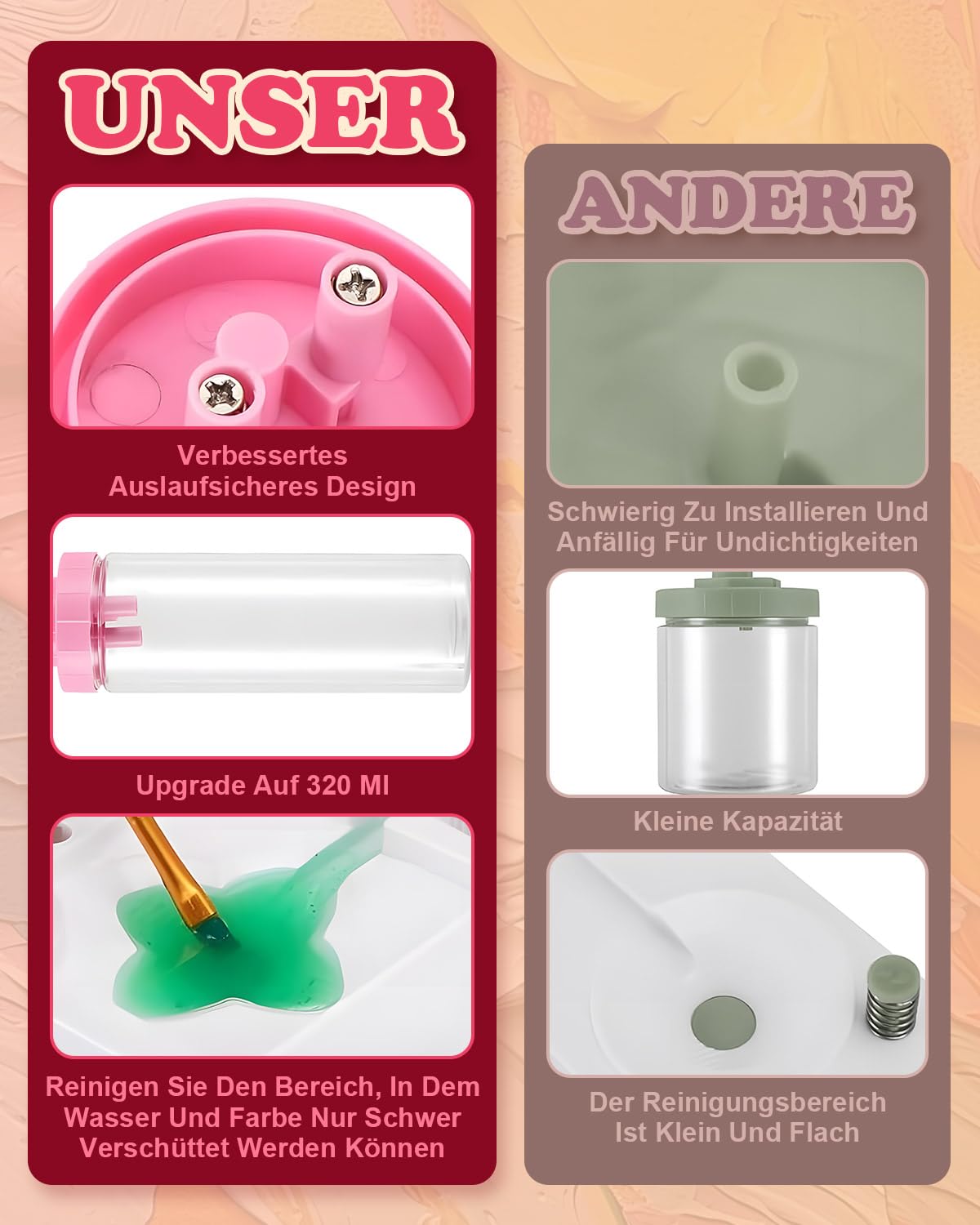 Nettoyeur de pinceaux multifonction 4 en 1 - Pour pinceaux acryliques, pinceaux de maquillage, aquarelle et à base d'eau - Rose