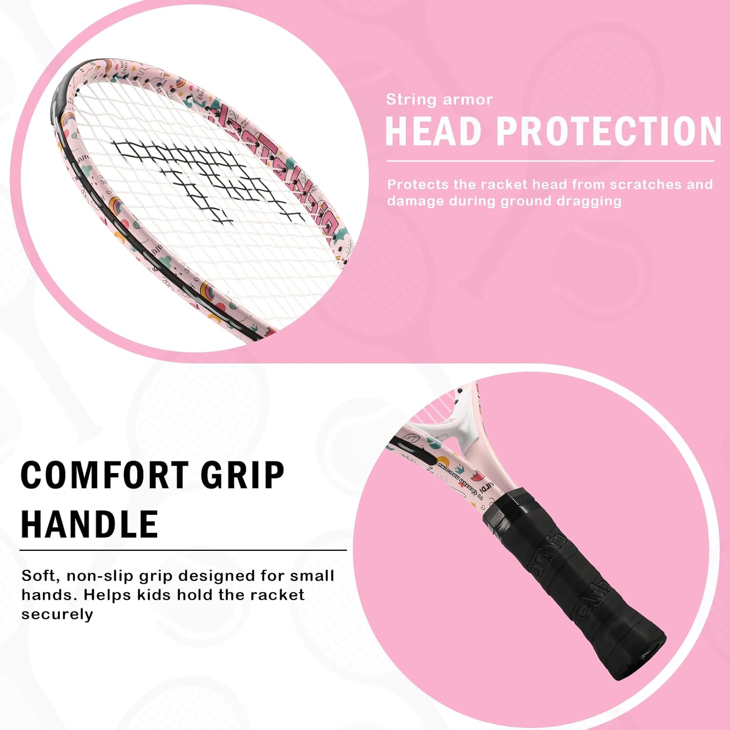 Kids Tennis Racket for Boys & Girls Aged 2-12 - Multi-Color & Style Youth Tennis Racket for Beginner, Includes 420D Nylon Shoulder Strap Bag Pink-Unicorn 21.0 Inches