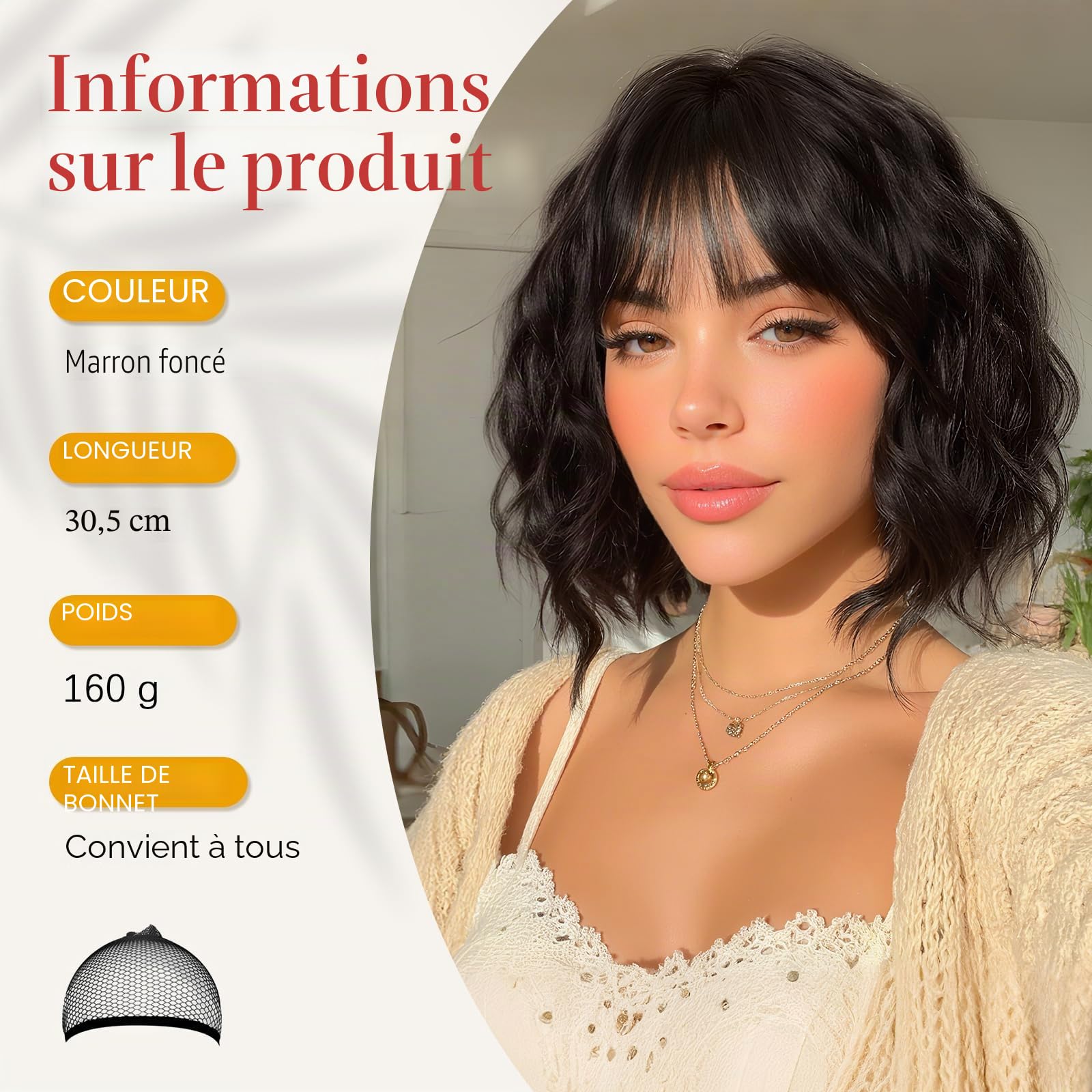 Sofeiyan Perruque Courte Ondulée 30 cm avec Frange, Cheveux Synthétiques Marron Foncé pour Femme Résistante à la Chaleur Naturel Bouclée pour Usage Quotidien et Cosplay