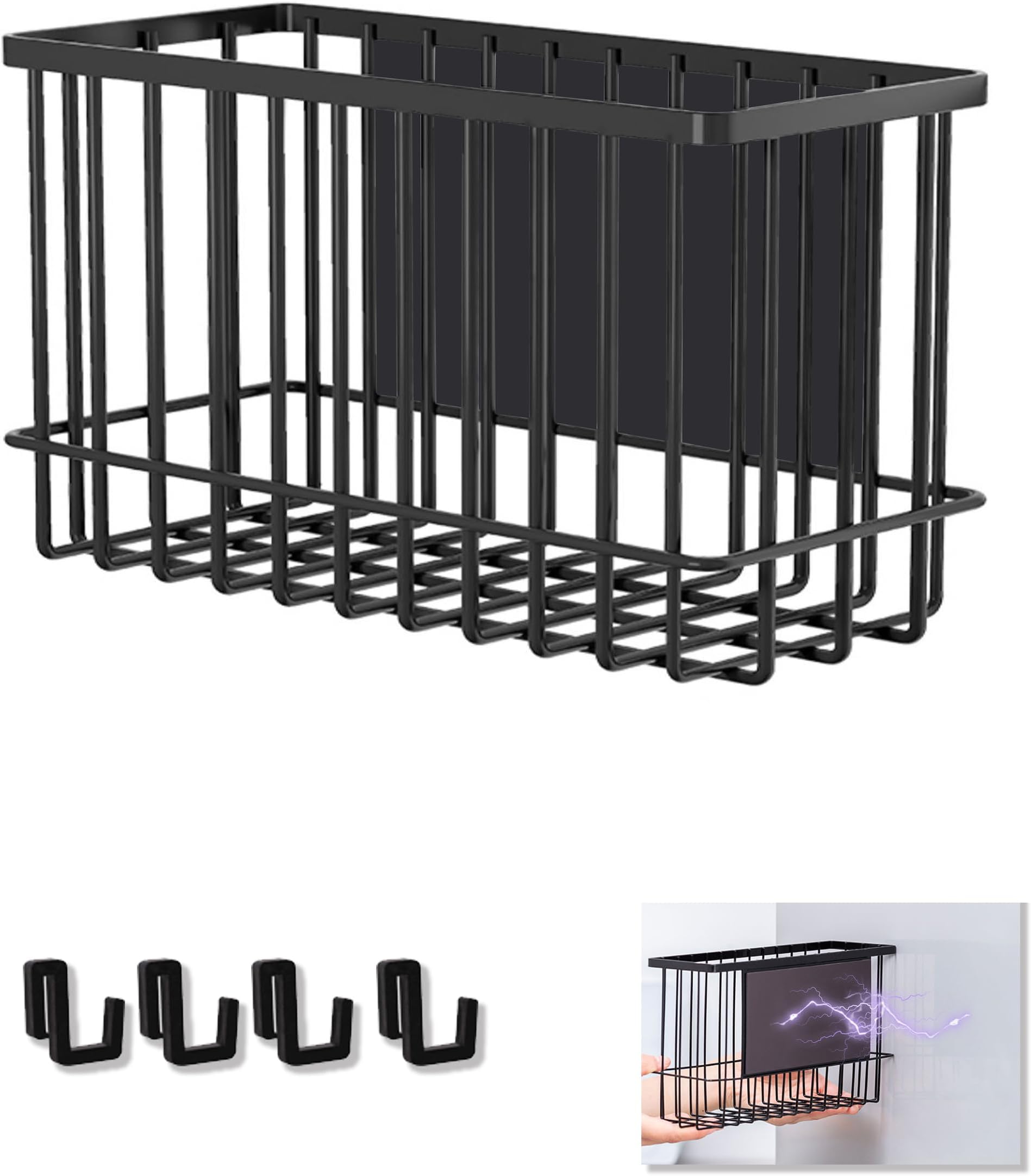Magnetic Basket Kitchen Refrigerator Organizer Foil and Plastic Wrap Organizer for Fridge Heavy Duty Metal Storage (10.25" L x 3.2" W x 6" H, Black)