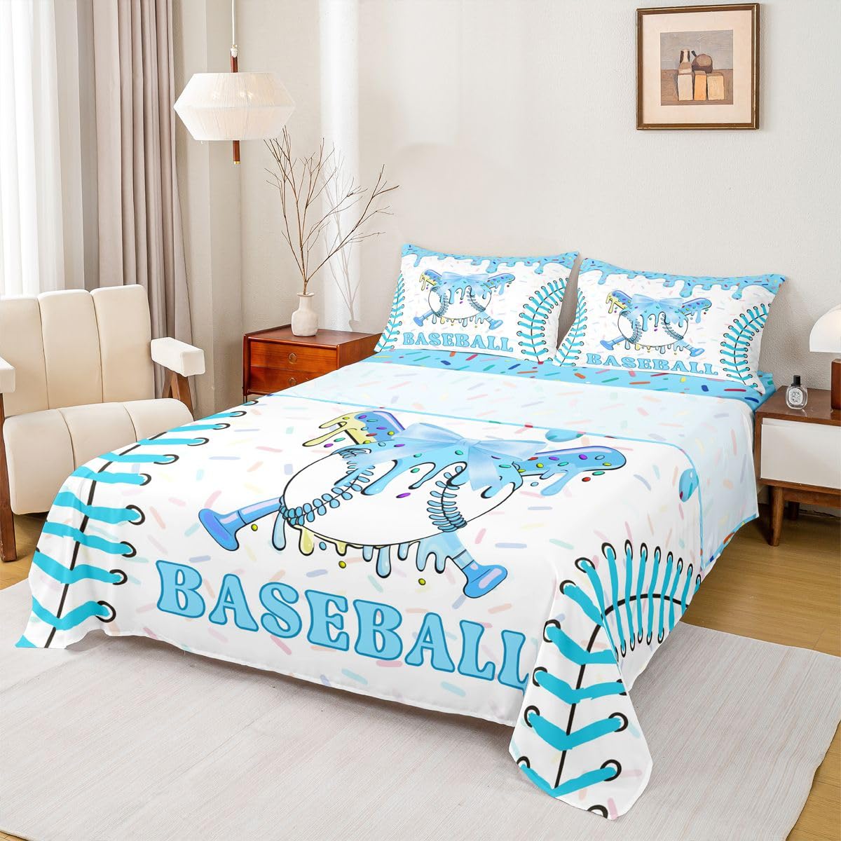 Homewish Granatowe prześcieradła ociekowe do lodów podwójne preppy niebieska kokarda zestaw pościeli baseballowe lody zestaw pościeli - sportowe gamingowe dopasowane płaskie prześcieradła 4-częściowy
