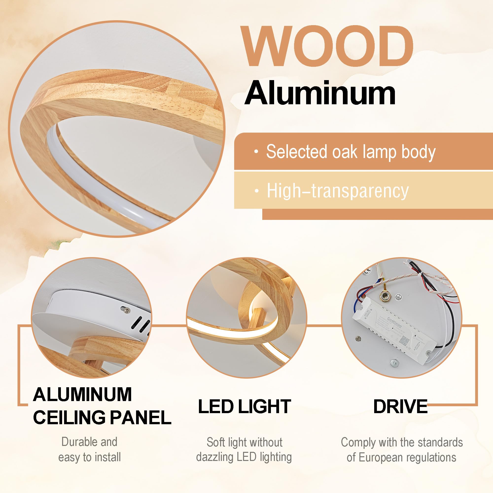 Lámpara de techo de madera, 24 W, regulable, 3000 – 6000 K, para dormitorio, salón, cocina, comedor, pasillo, casa, oficina, niño, diámetro de 40 cm | Araña de madera,Para habitación,Salón,Cocina,Comedor,Pasillo,Casa,Oficina,