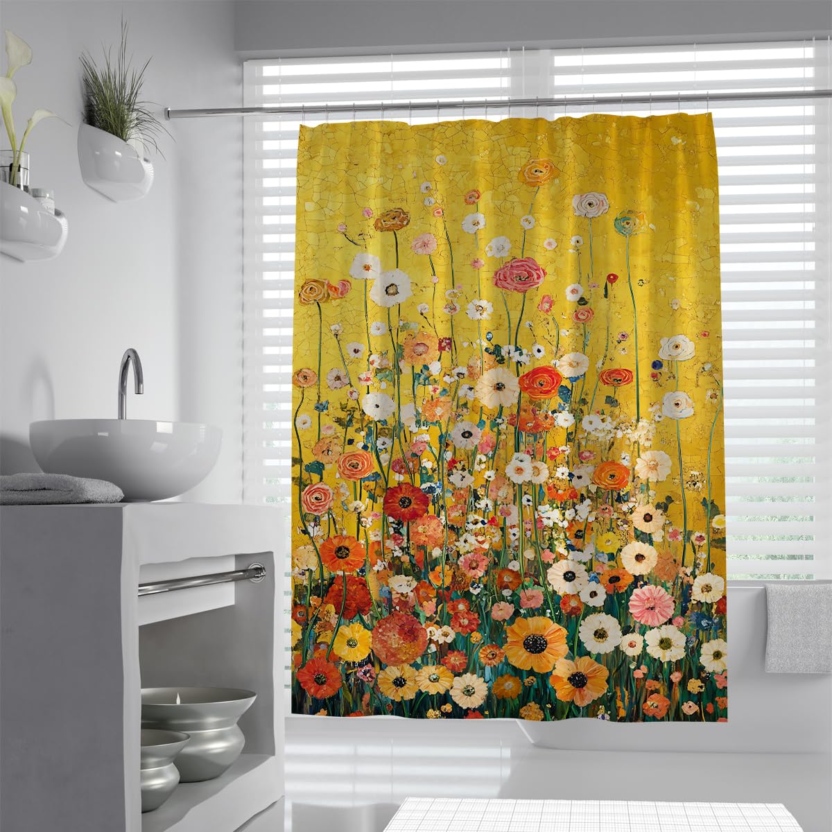 Rideau de douche floral jaune anti-éclaboussures 90x180cm pour petite cabine