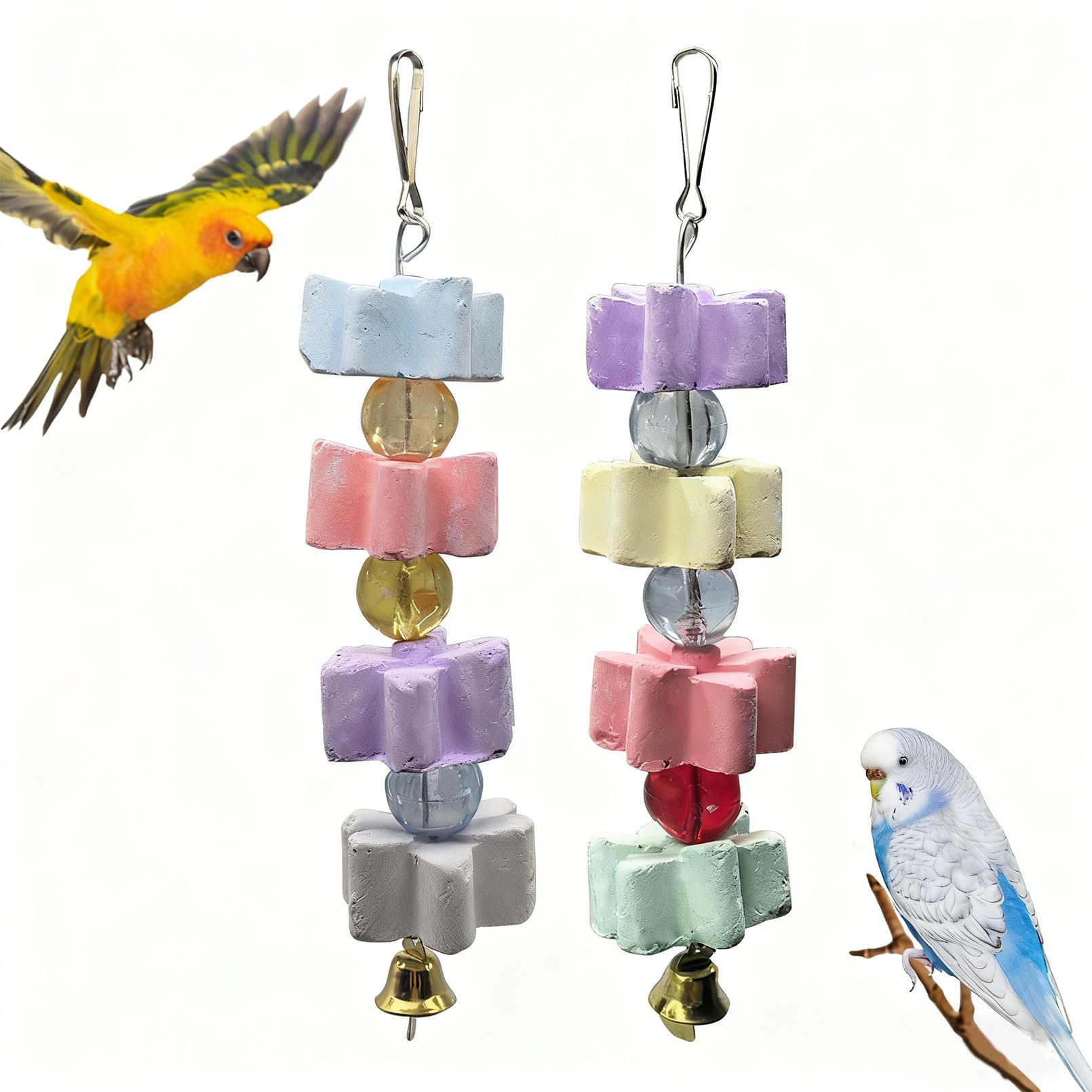 Hamiledyi 2Pieces Parrot Beak Trimmer Calcium Stone Chinchilla Grinding Teeth Lava Block Bird Beak Trim Pumice Toy Mineral Rock Chewing Toys with Bell for Conure Budgies Parakeet Hamster Rabbit