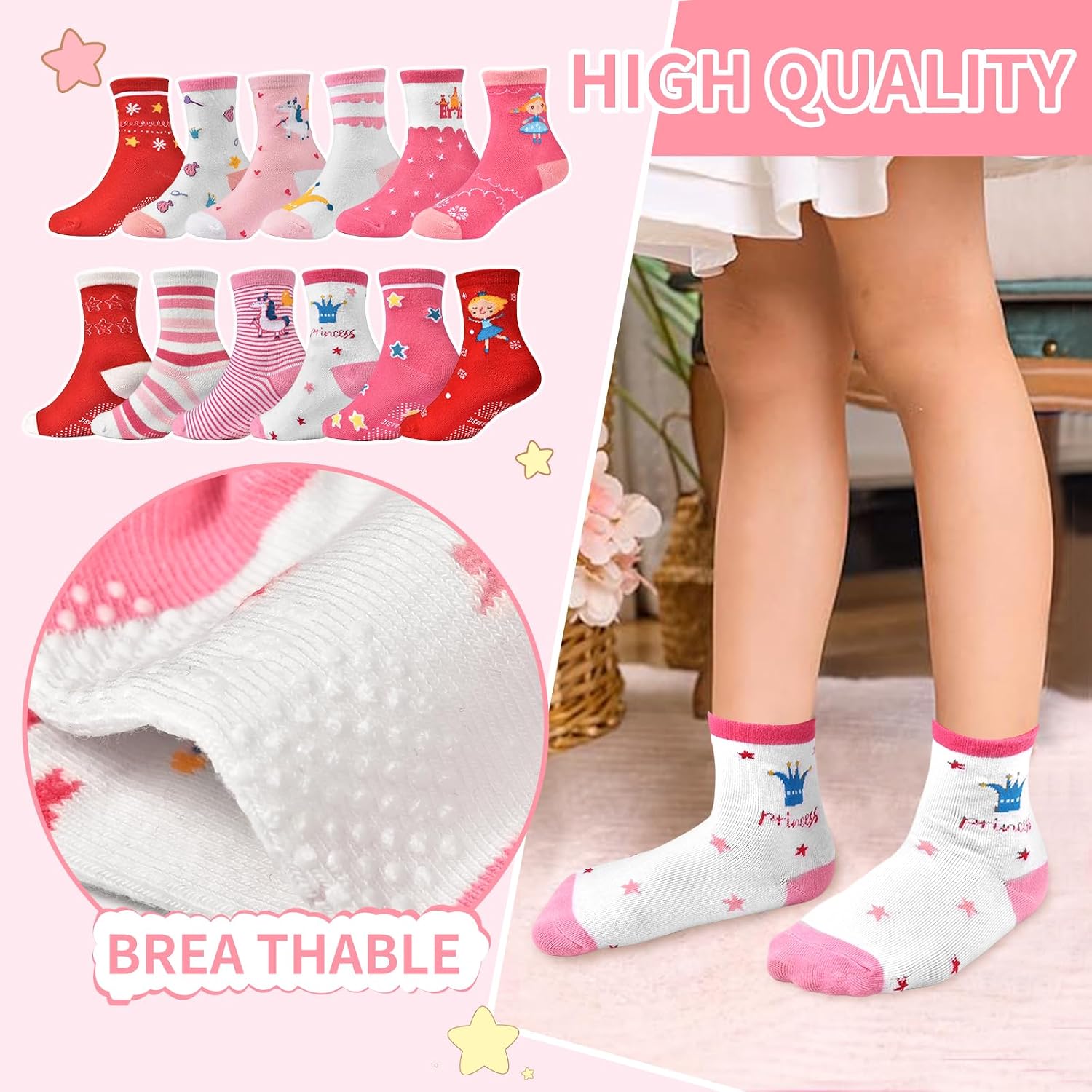 ELUTONG Toddler Grip Socks 12 Pack Non Slip Grips Crew Socks for 1-7 Years Infant Baby Boys Girls Kids