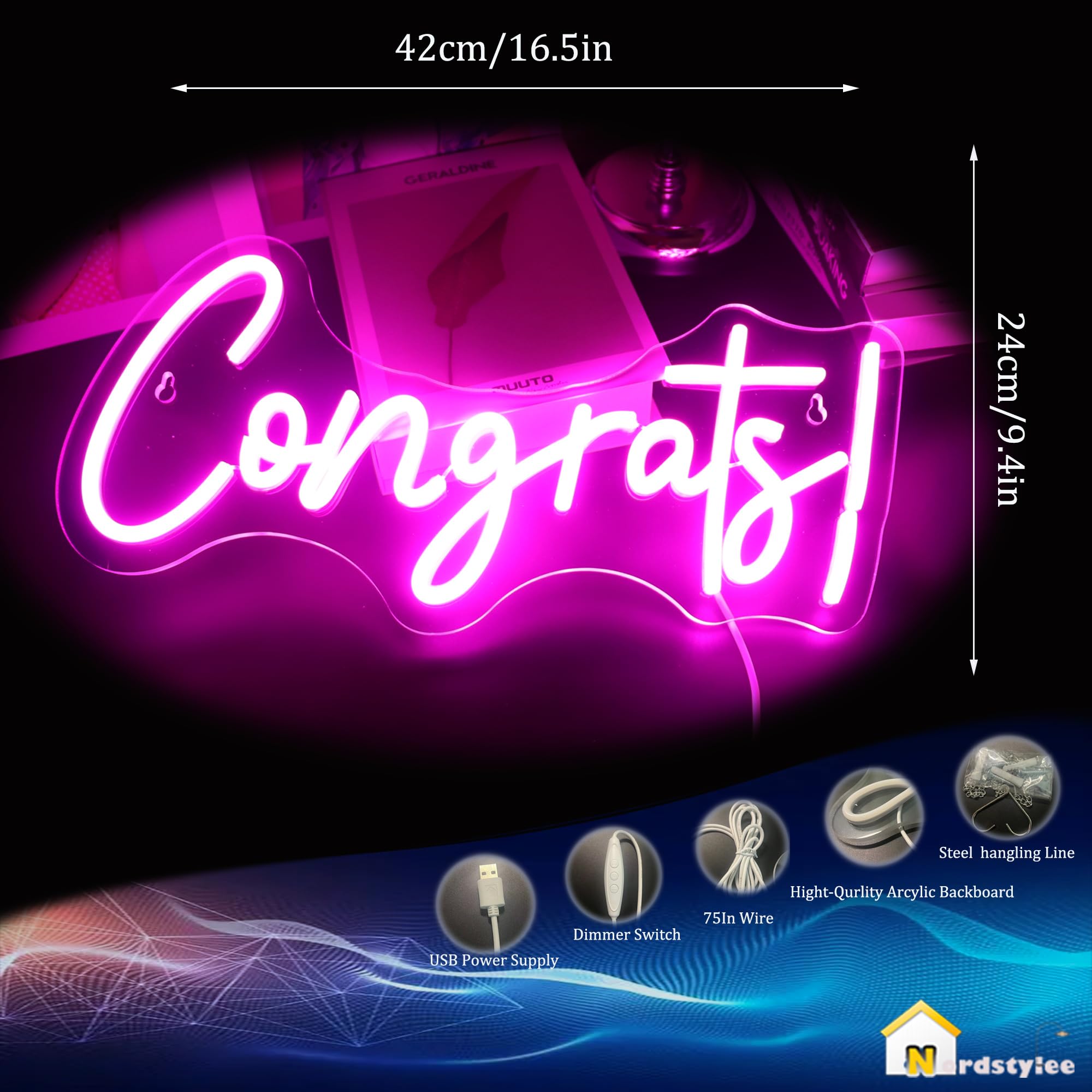 "Congrats!" Pink LED Neon Sign for Graduation Ceremony - Image 3