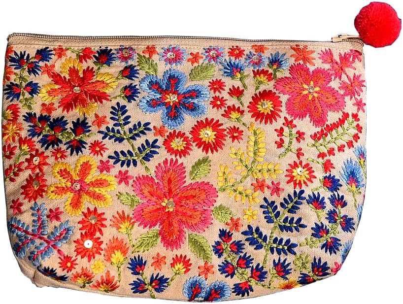 INIHOM Embroidered Pouch with Pom-pom | Makeup/Travel Pouches for Women - Multi Colour