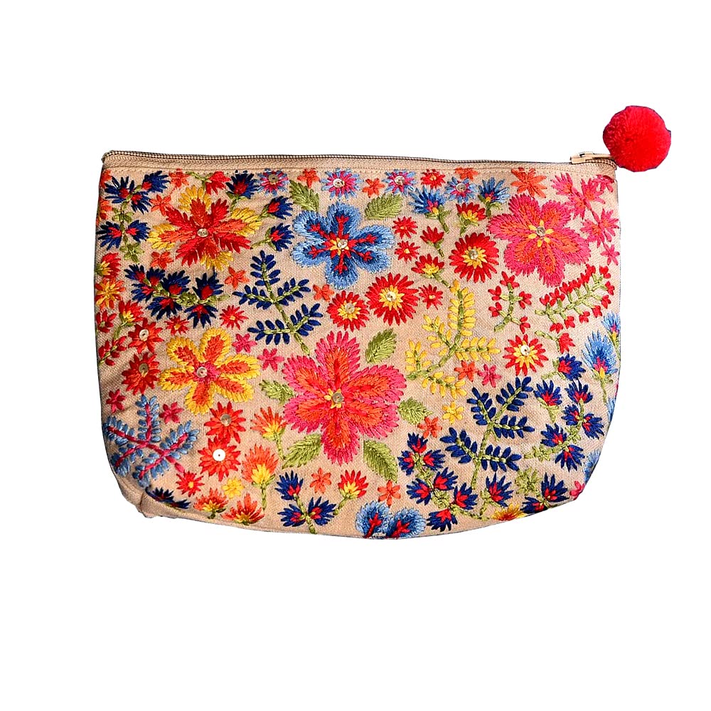 INIHOM Embroidered Pouch with Pom-pom | Makeup/Travel Pouches for Women - Multi Colour