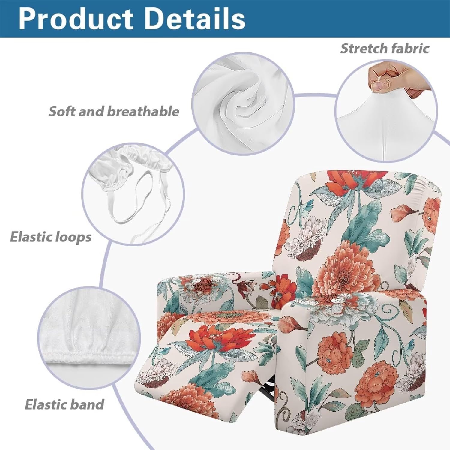 Chair Covers Armchair 4 Piece Peony Sofa Cover for Dogs Non Slip Chaise Covers for Living Room Polyester Spandex Machine Washable