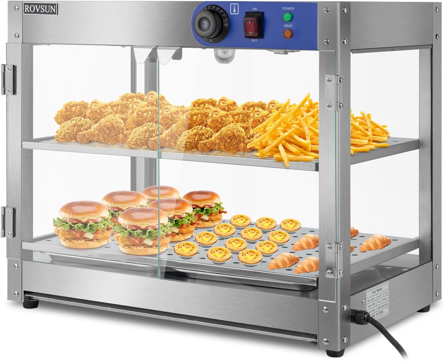 ROVSUN 2-Tier Food Warmer Pizza Warmer, Commercial Food Warmer Display with LED Lighting Removable Shelves Glass Door, Electric Countertop Food Warmer for Buffet Restaurant 110V 800W