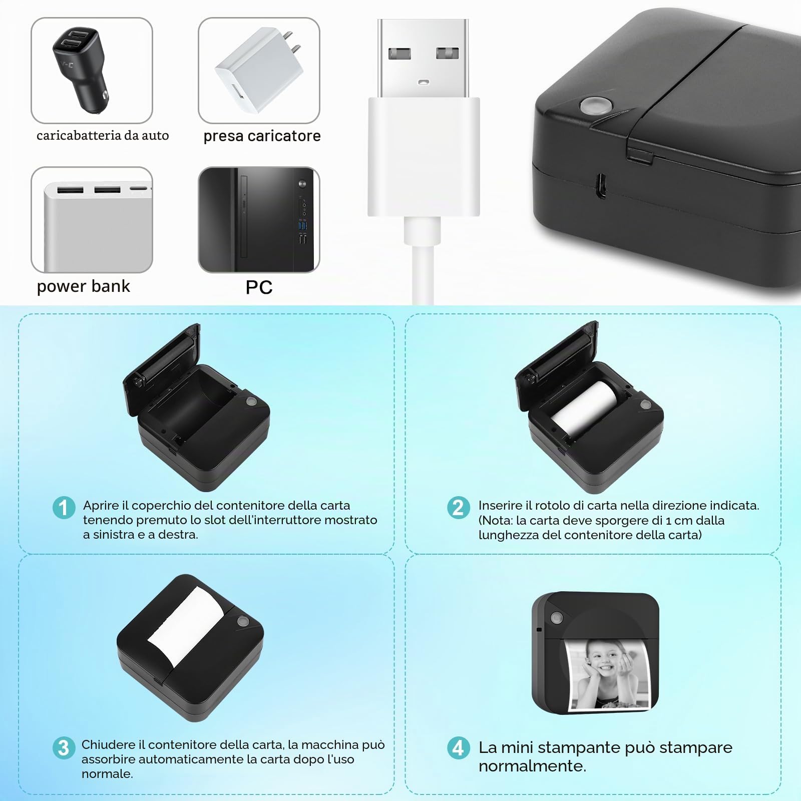 Mini Stampante Fotografica, Mini Stampante Termica,Stampante Fotografica Istantanea Portatile, Mini Stampante Termica Bluetooth con Ricarica USB Stampante, per Fotografica, Note, Diario, Elenco (Nero)
