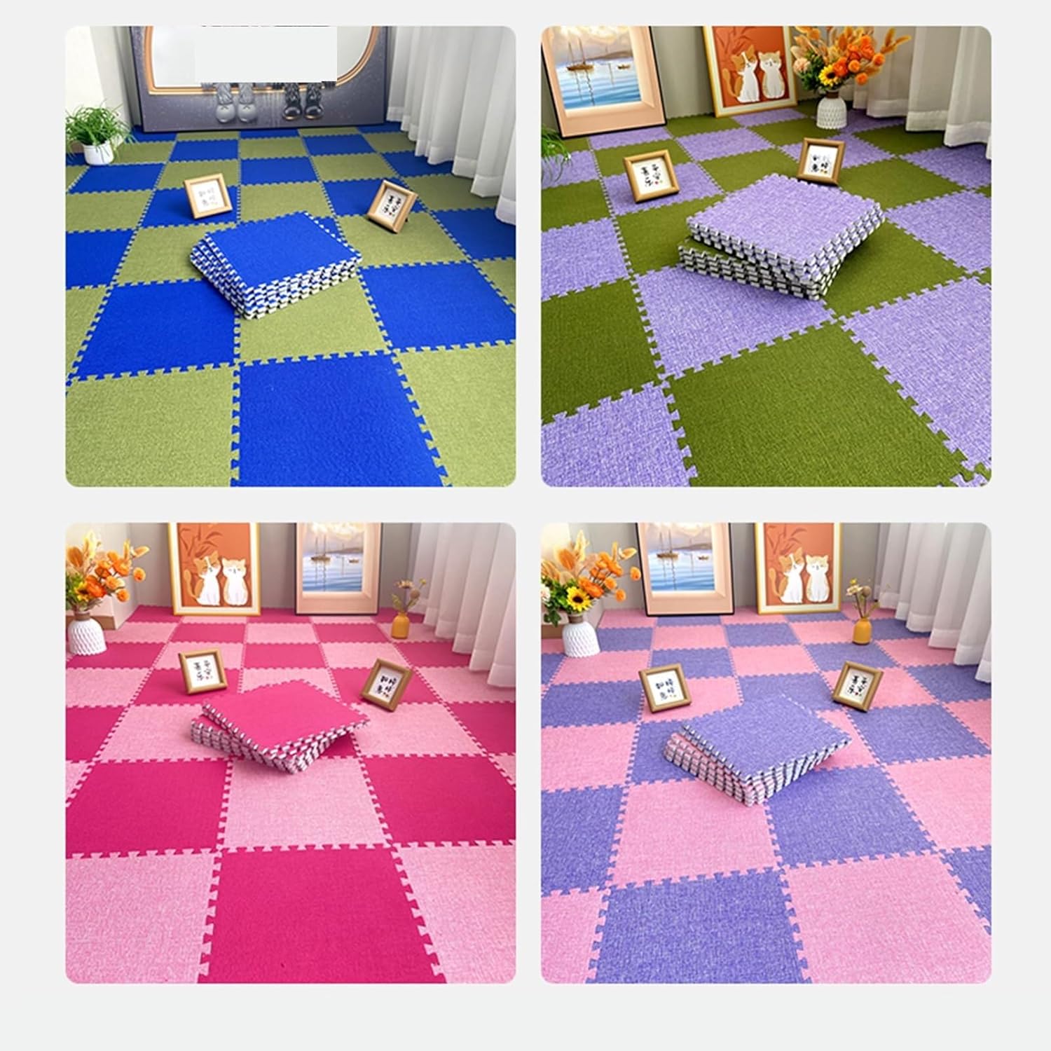 40pcs Square Foam Floor Mat Tiles for Living Room, Home, Bedroom, Non-Slip Interlocking Carpet Tiles, 1.0cm Thickened Eva Rug Carpet(Green+Light Purple)