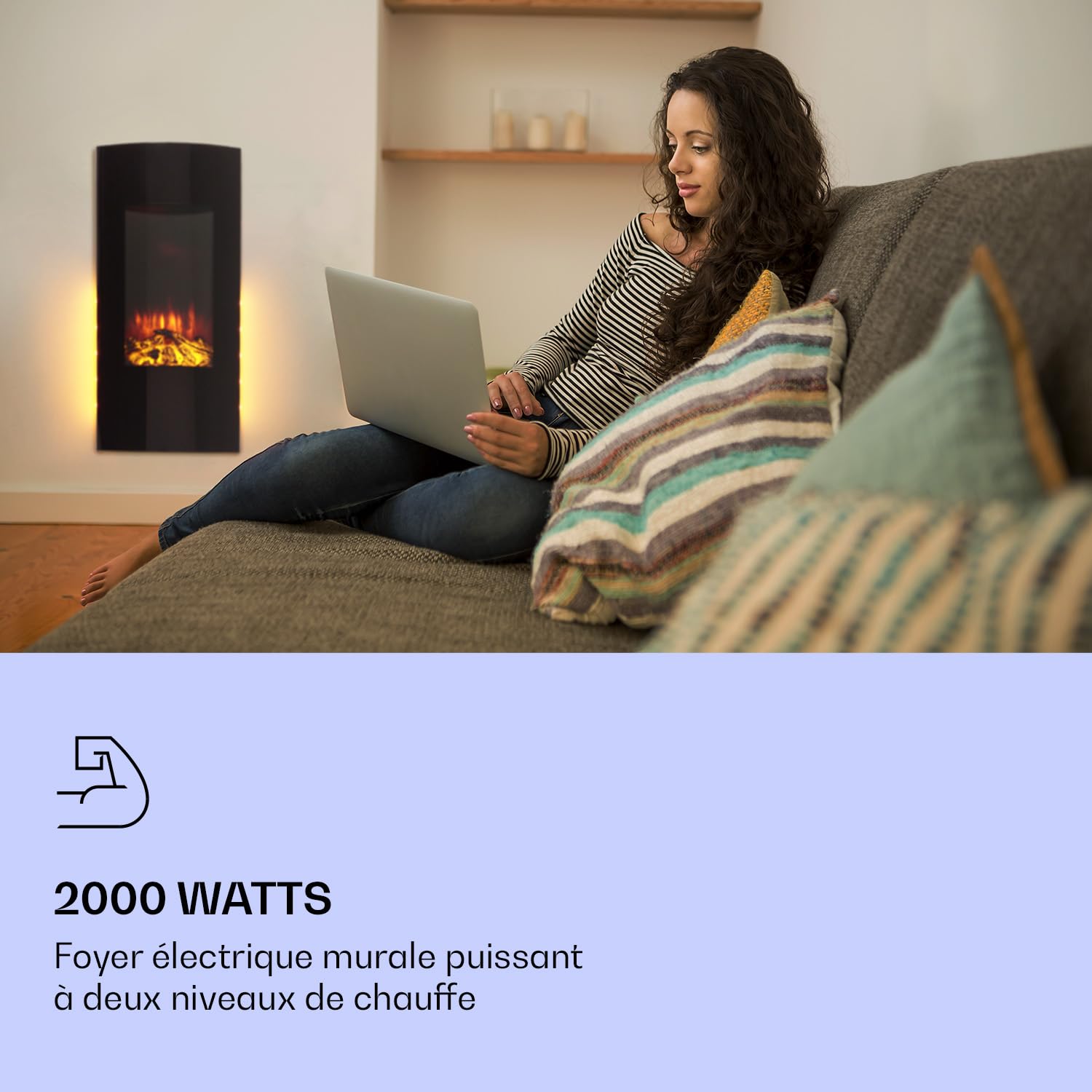 Klarstein Cheminée Electrique Encastrable, Chauffage Electrique de 2000W, Fausse Cheminée Decorative Murale avec Effet Flamme en LED, Télécommande Inclus, Programmable, Minuterie, Thermostat Réglable