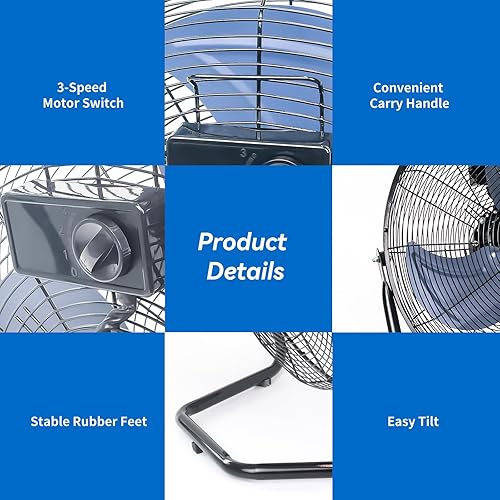 Miniatura 8 de Ventilador de piso de 9 pulgadas, ventilador de metal portátil de 3 velocidades con inclinación ajustable, ventilador de suelo pequeño silencioso