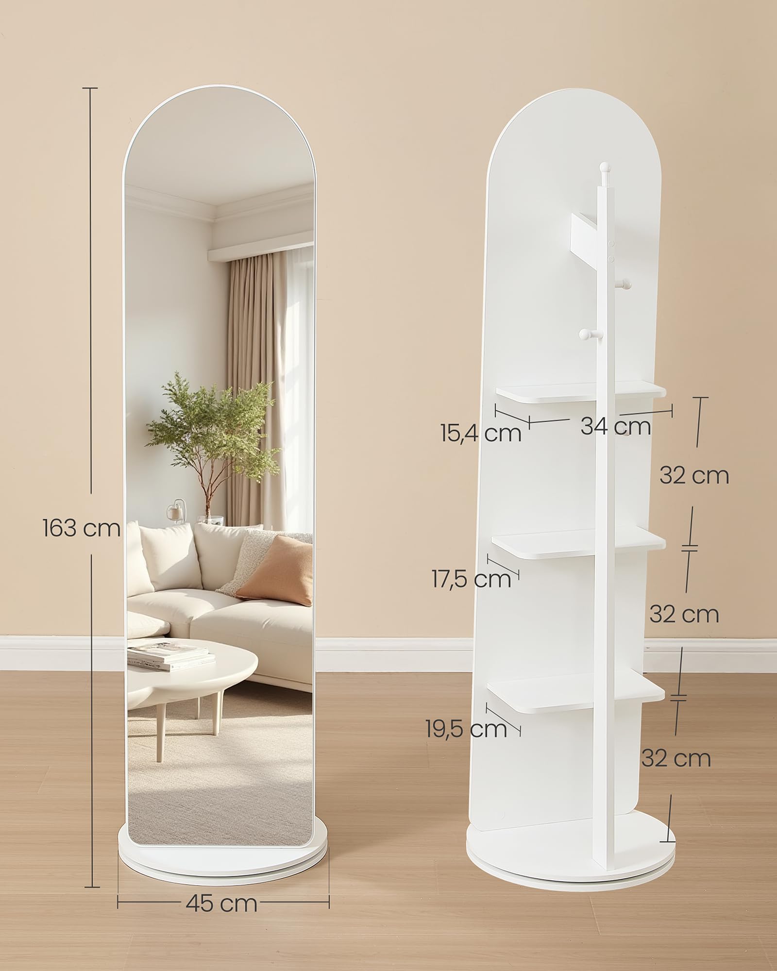 SONGMICS Ganzkörperspiegel, Standspiegel, 360° drehbarer Spiegel, 163 x 45 cm, mit Sockel, Ablagen und Haken, klares Hartglas, für Schlafzimmer, Wohnzimmer, gewölbter Spiegel, wolkenweiß LFM037WB01