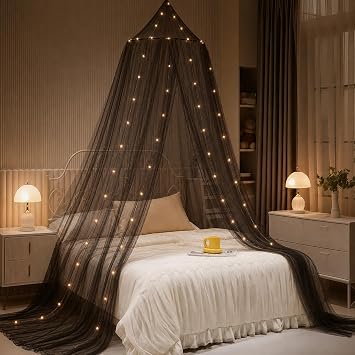 Bed Canopy with Lights, Bed Canopy for Girls Princess with Luminous Stars, Canopy Bed Curtains for Twin to King Size Bed, Baby Kids Adult Indoor Decor Bedroom Reading Nook Halloween Decoration Black