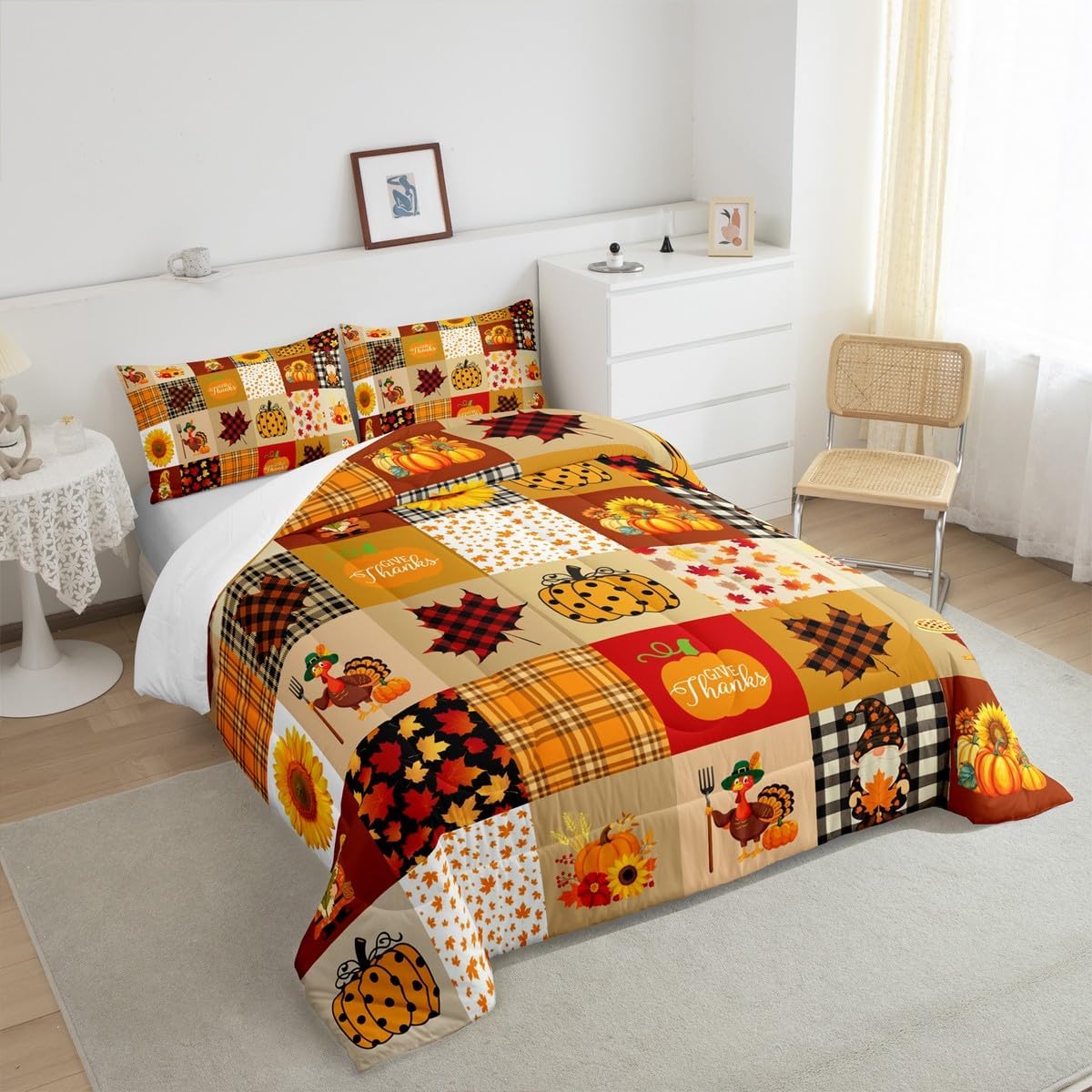 Homewish Fall Pumpkin Grid Comforter Set Rustic Farmhouse Maple Leaf Sunflower Bedding Set Thanksgiving Turkey Quilt Set Kids Boys Girls Adult Room Decor Vintage Brown Yellow Duvet Insert Queen Size