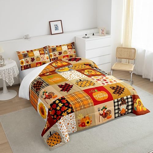 Miniatura 2 de Juego de edredón de cuadrícula de calabaza otoñal, rústico, de granja, hoja de arce, girasol, juego de edredón de Acción de Gracias, Turquía, para