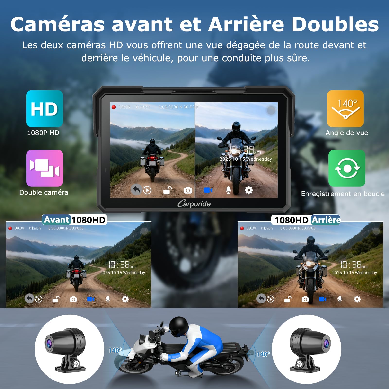 Carpuride W702 Plus Android Moto Carplay Écran Double Caméra Audio BT | Sans Fil CarPlay et Android Auto, écran Tactile étanche 7", Enregistrement en Boucle, Navigation en Ligne/Hors Ligne.