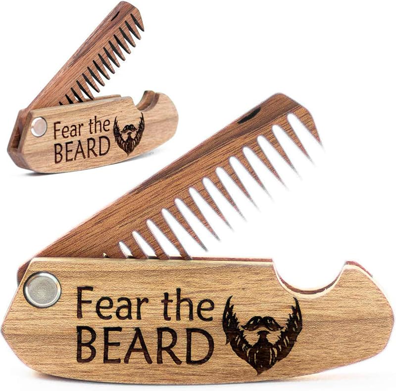 Beard Comb Gifts for Him (Fear The Beard) | Wooden Comb for Men Folding Pocket for Moustache Hair Walnut Combs Husband with the Engraving by EnjoyTheWood