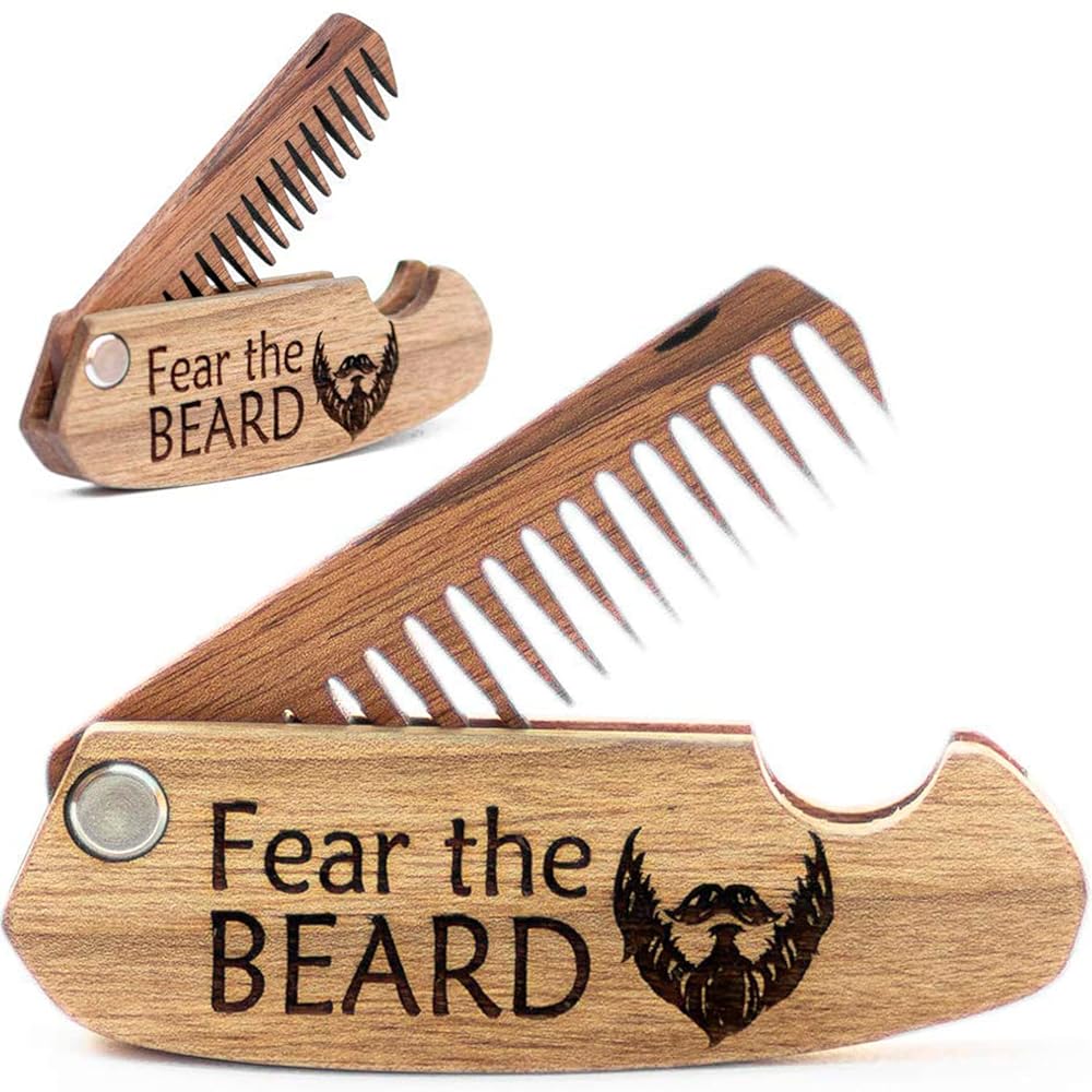 Beard Comb Gifts for Him Wooden Comb for Men Folding Pocket for Moustache Hair Walnut Combs Husband with the Engraving (Fear The Beard)