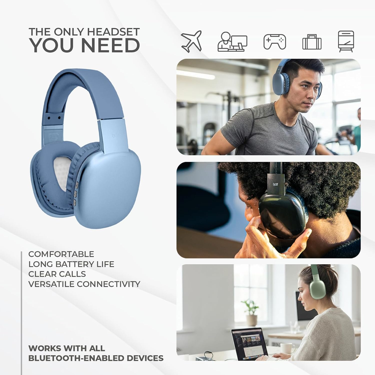 iJoy Ultra Wireless Over-Ear Bluetooth Headphones with Mic, Up to 10 Hours Playtime, Bluetooth Headset 33Ft Range with Backup AUX Cable & SD Slot, Wireless Headphones for Gaming, Work & Gym (Blue) - Image 7