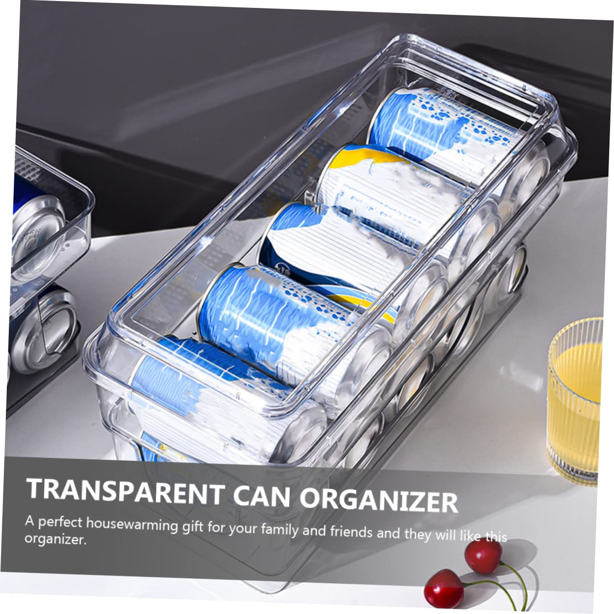 Estante para latas de bebidas para nevera, dispensador de latas de refrescos rodantes con tapa, soporte de almacenamiento de bebidas de cocina para nevera, ahorro de espacio, jarra de bebidas para