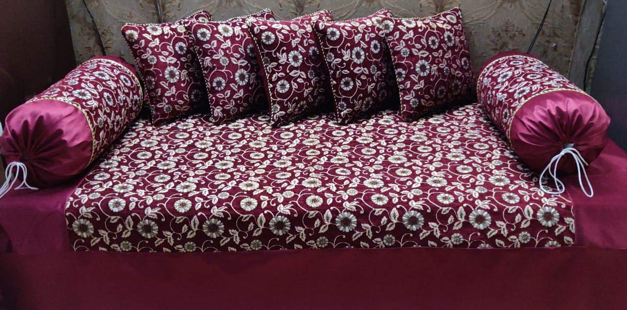Laying Style™Heavy Chenille Printed Designer Diwan Cover Sets - 1 Single Bedsheet, 2 Bolster Covers, 5 Cushion Covers-picture-22