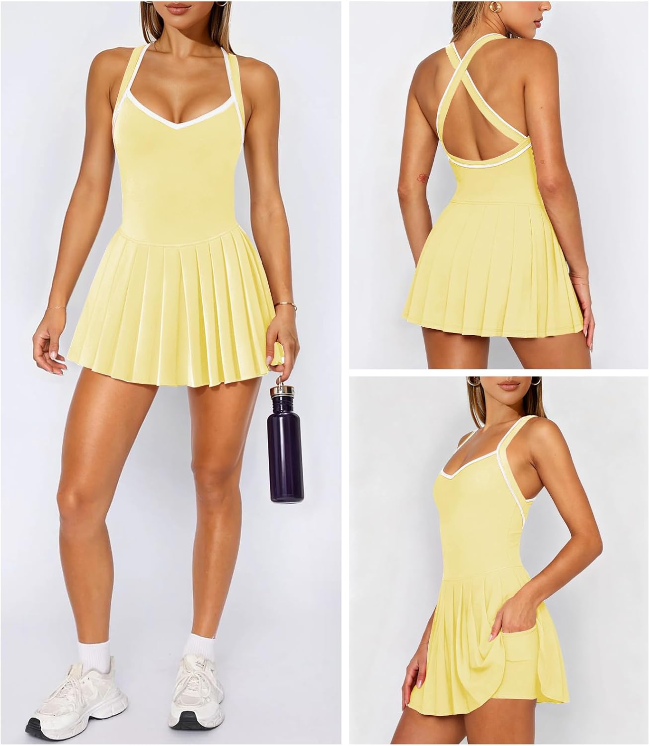 Women's Pleated Mini Tennis Dress Active Cross Open Back Golf Workout Athletic Dresses for Women with Shorts Pocket