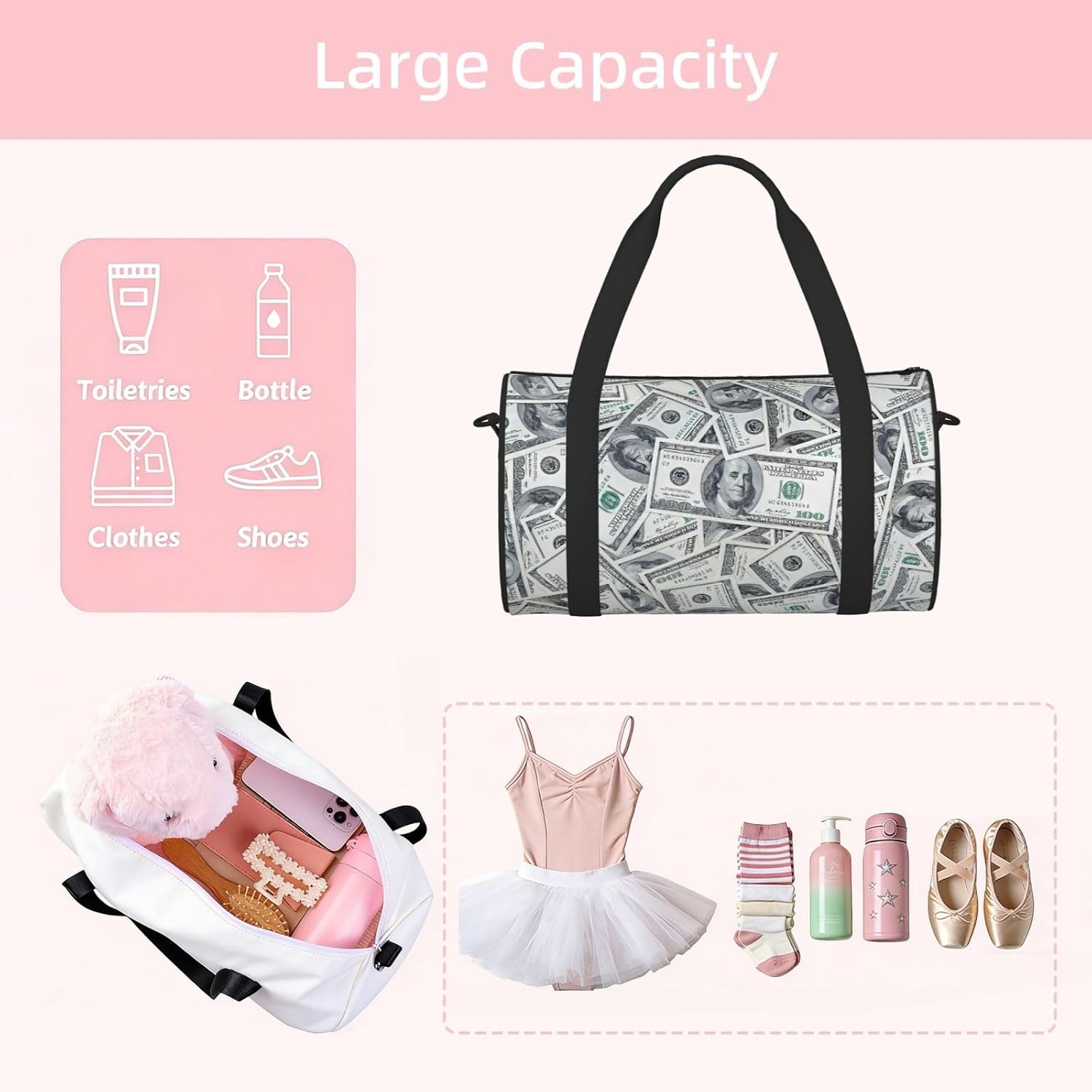 Funny Dollar Money Print Sports Tote Bag Lightweight Water-Resistant Gym Backpack Travel Supplies image 5
