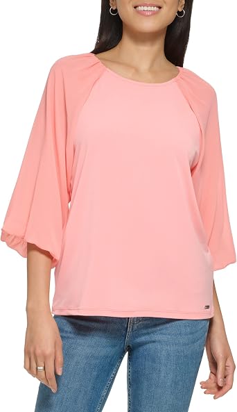 Calvin Klein Womens Loose Fitted Matte Jersey Mixed Media Lantern Sleeve Blouse