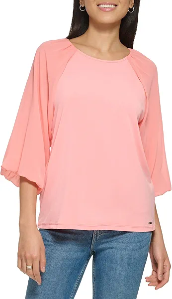 Calvin Klein Womens Loose Fitted Matte Jersey Mixed Media Lantern Sleeve Blouse