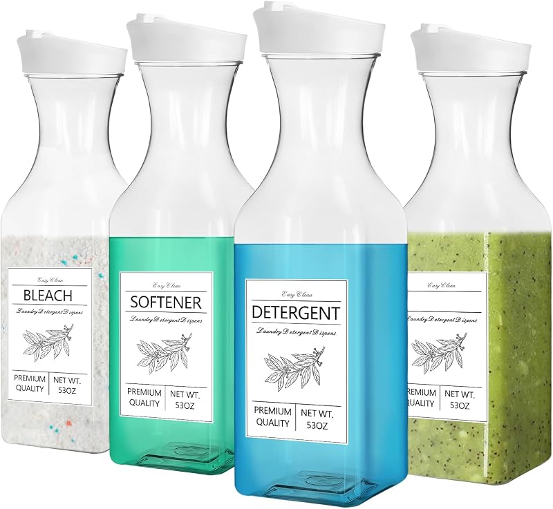Paquete de 4 dispensadores de detergente para ropa, dispensador de suavizante de tela líquido de 53 oz, contenedores de plástico para detergente para ropa con etiqueta de 10 piezas, tapa blanca
