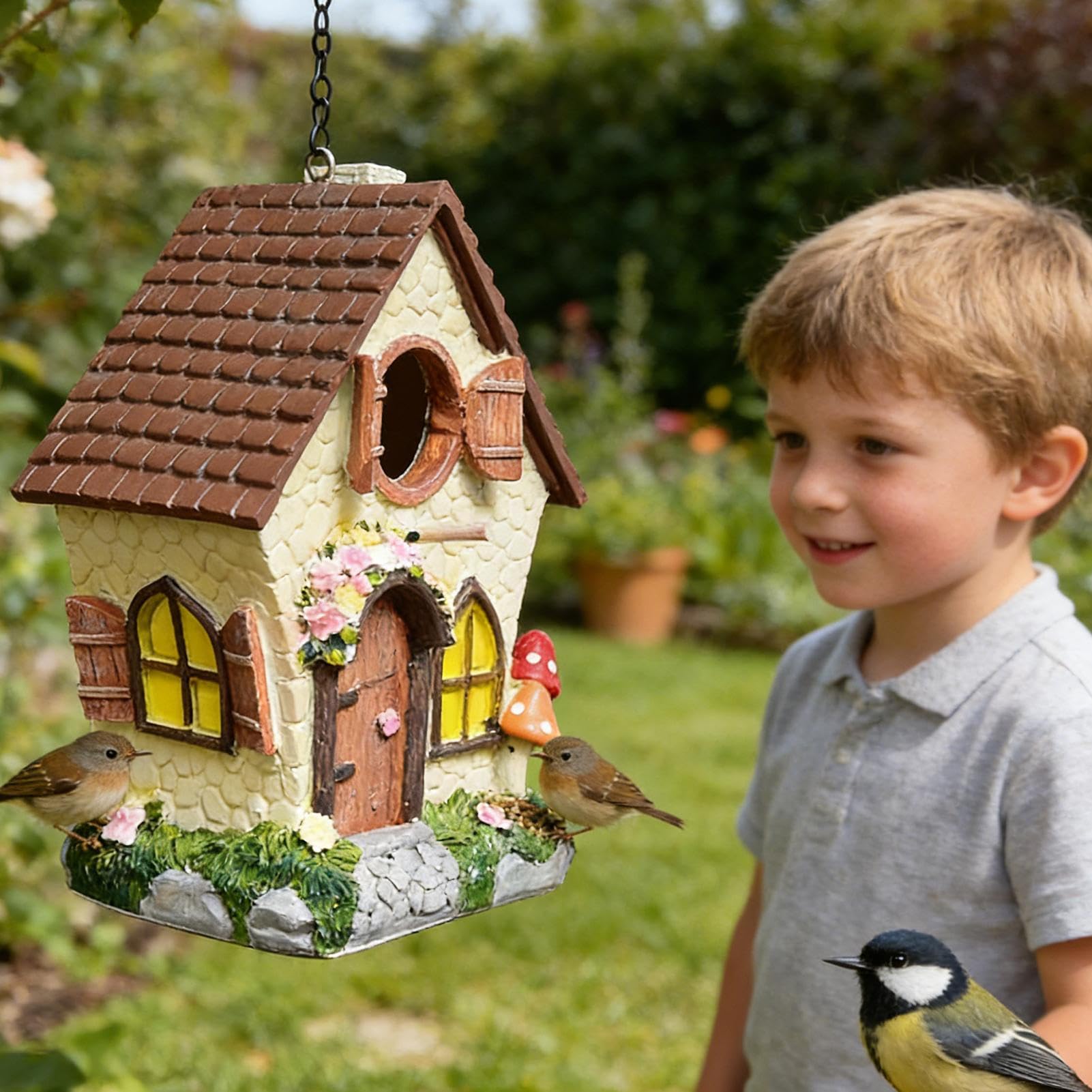 para pájaros | Refugio Resistente al Viento de 21 cm | con Cadena de Flores y Plantas diseño Impermeable para pájaros de Pinza, para árbol de, jardín, Patio, Parque