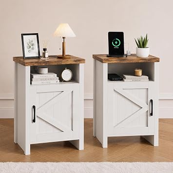 oneinmil Farmhouse Nightstand with Charging Station, Couch Side Table Set of 2, Bedside Table with Storage Space, End Tables with Barn Door, Bed Side Tables for Living Room and Bedroom, White