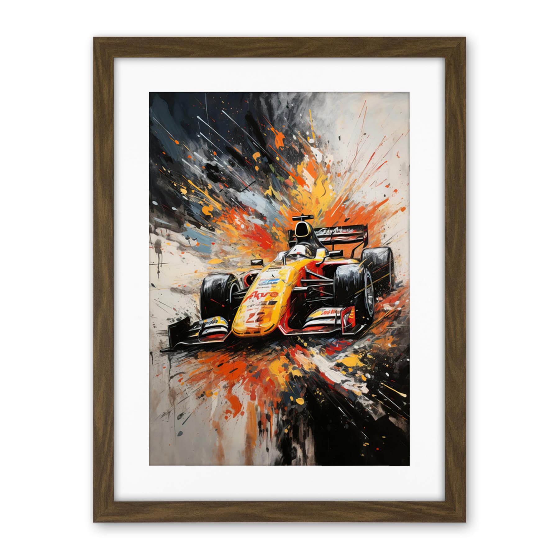 Artery8 Yellow Race Car Racing Scene Modern Spatter Art Artwork Framed Wall Art Print 18X24 Inch