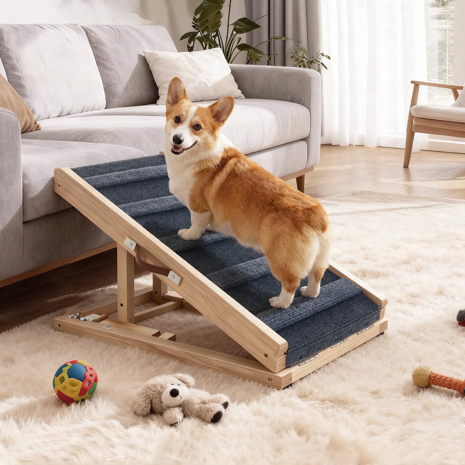 Tukailai Rampa para perros de madera de 70 cm de largo, escalera para perros para cama, sofá, coche, plegable, 2 alturas ajustables, rampa para mascotas con alfombra antideslizante y barras