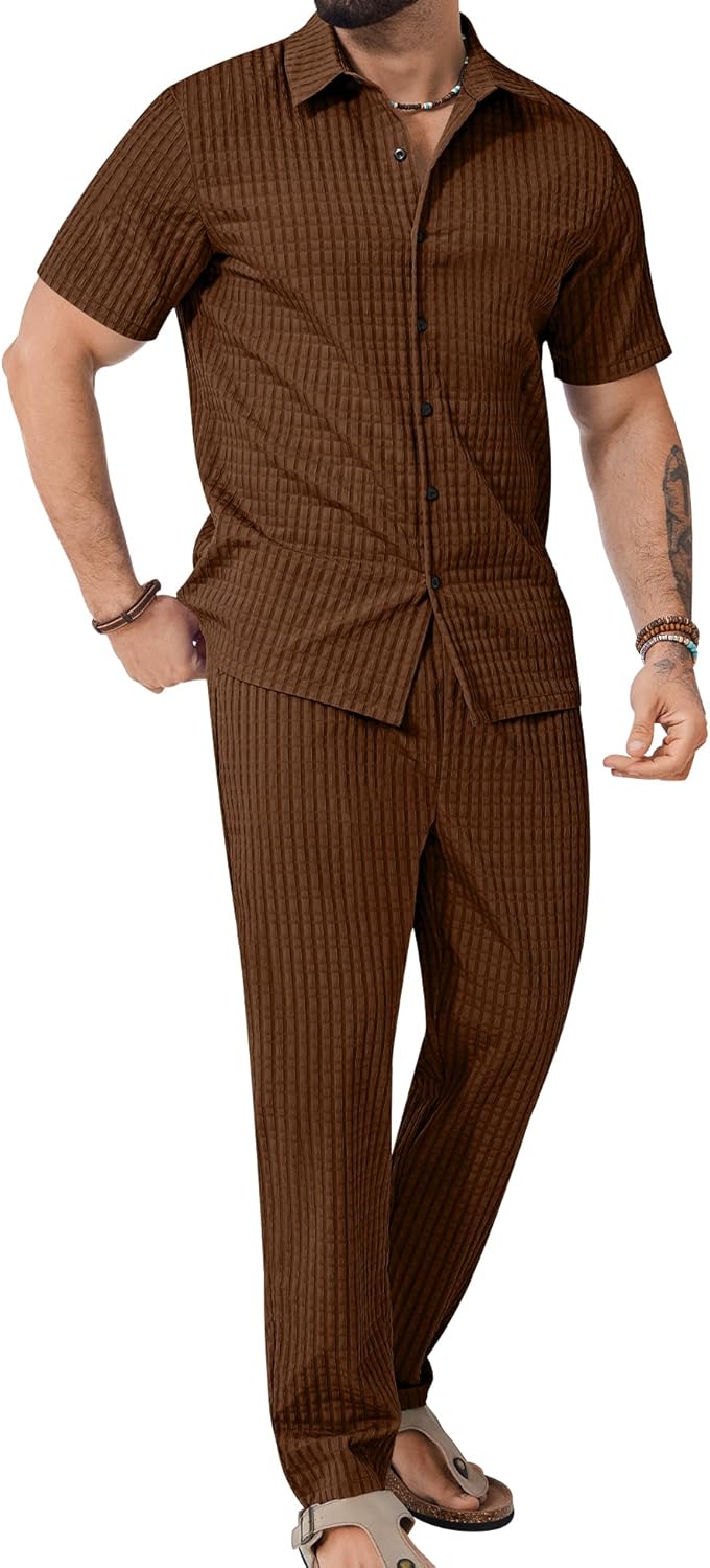 LecGee Men's Texture 2 Piece Set Casual Short Sleeve Button Down Shirts and Matching Pants Summer Beach Outfits M-3XL