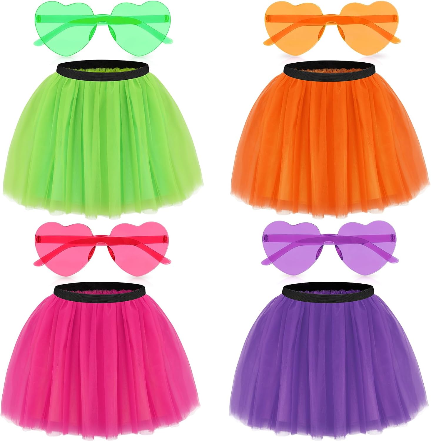 Handepo 4 Sets Women Tutu Skirt with Heart Sunglasses 4 Layered Colored Tutus for Women Halloween Costumes Party