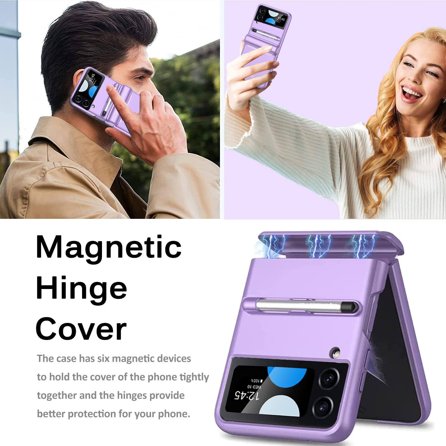 Miimall Compatible for Samsung Galaxy Z Flip 4 Case with S Pen, Built-in Tempered Glass Camera Screen Protector + Magnetic Hinge Protection Cover Case for Samsung Galaxy Z Flip 4 5G 2022 (Purple)