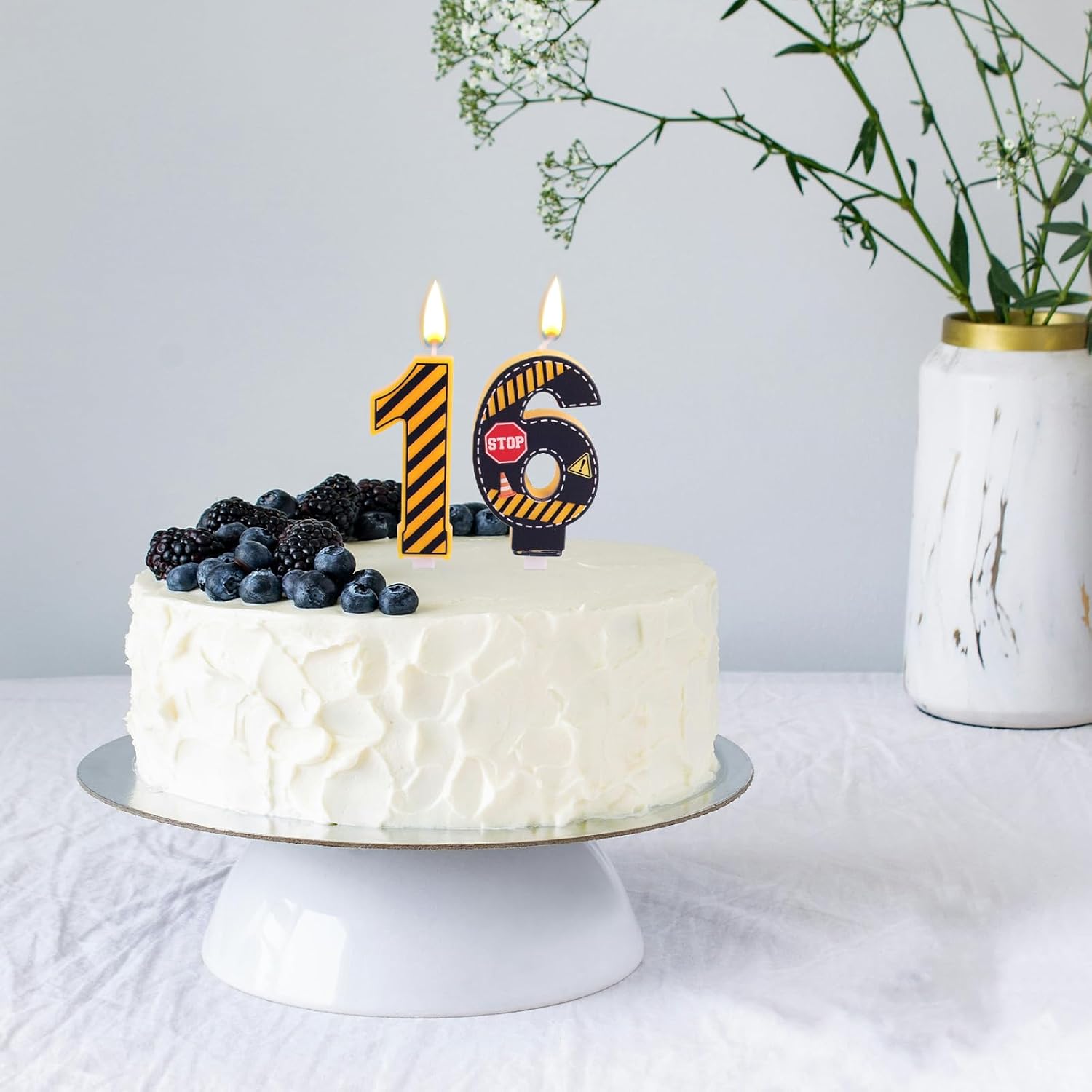 Caution Logo Number 16th Birthday Candles, Yellow and Black Striped Candle
