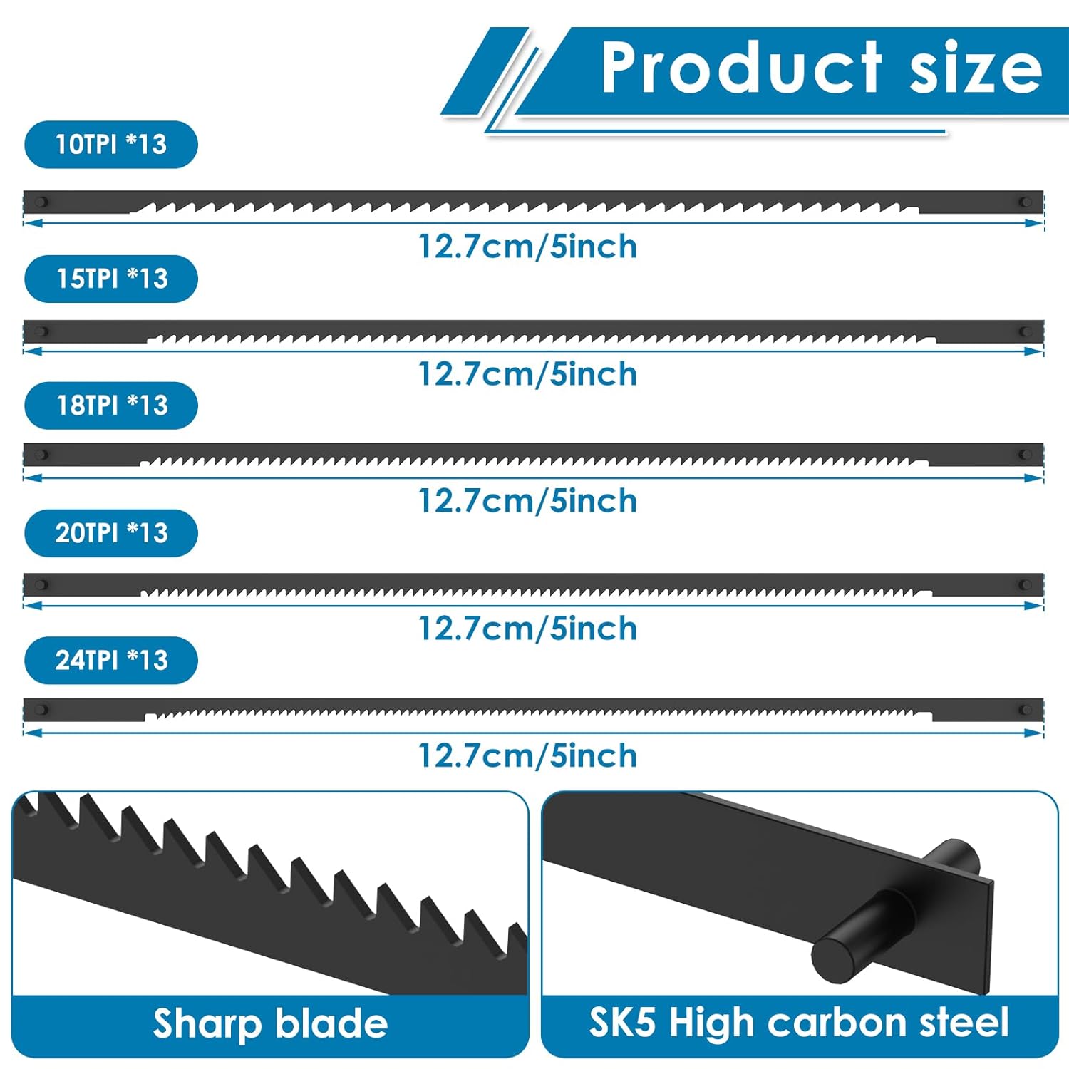 65 Pack 5 Inch Pin End Scroll Saw Blades, Professional SK5 Japanese Carbon Steel Replacement for Wen 3921, Delta, Ryobi, Dremel & Craftsman - 10/15/18/20/24 TPI Assorted Metal & Wood Cutting Set