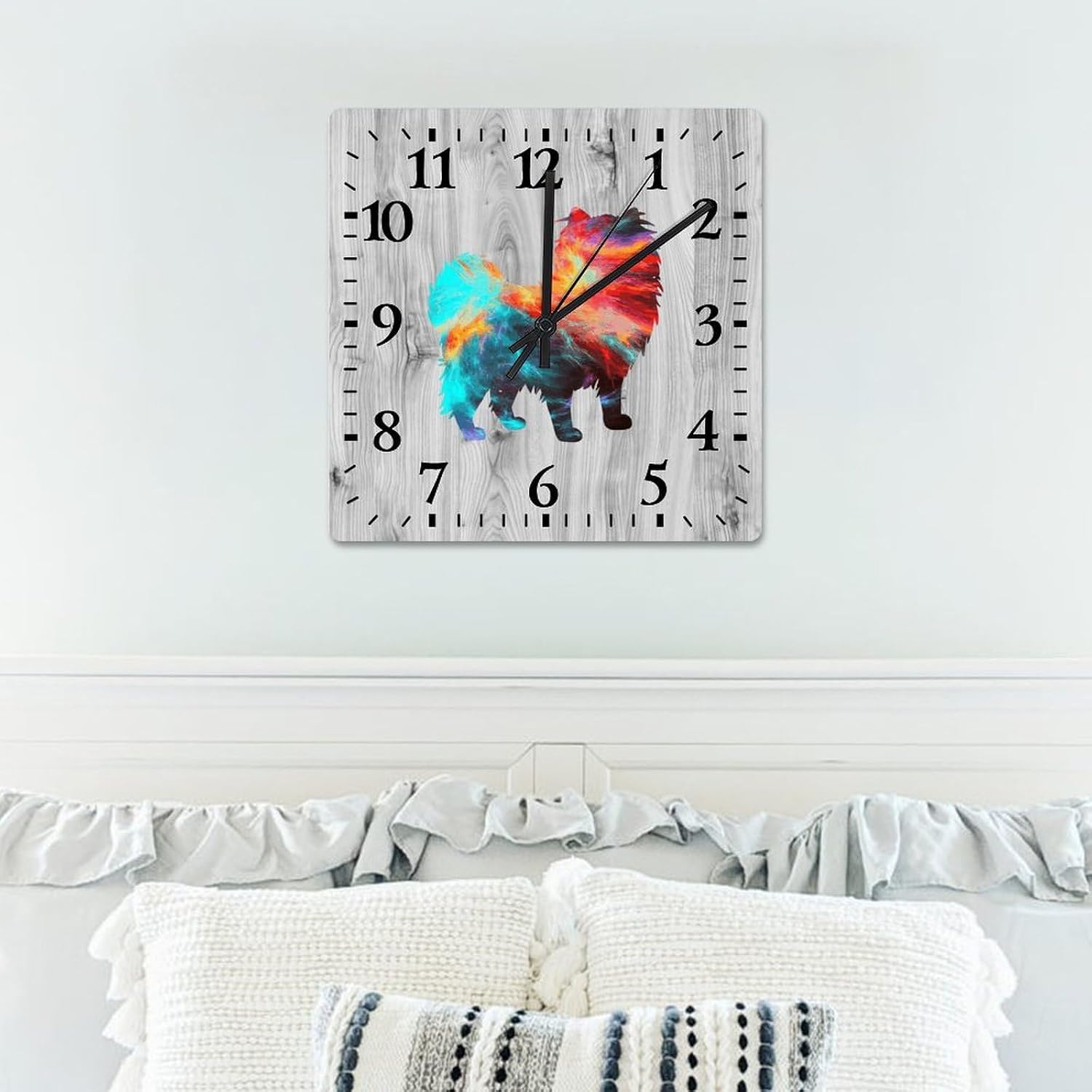 Square Wall Clock Pomeranian Large Wall Clock Dog Lover 15in Square Silent Non-Ticking Unique Wood Clock for Home Office Classroom School Hotels Dog Lover Gift