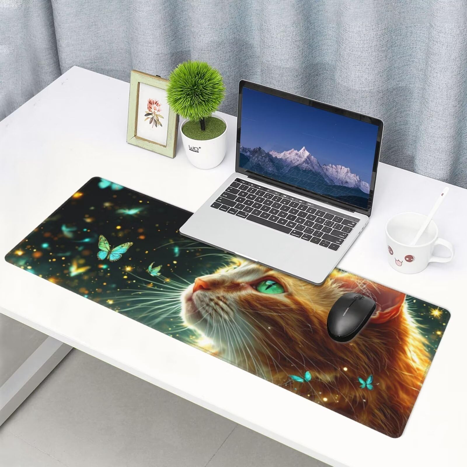 Tappetino Mouse, Tappetino Mouse Gaming Grande XXL 1500x800x3mm Tappetino Scrivania Mouse Pad, Base in Gomma Antiscivolo, Bordi Cuciti,Lavabile, Mousepad per Ufficio e Gaming (Gatto farfalla) R-316