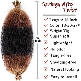 8 Packs Springy Afro Twist Hair 16 inch Pre-Separated Marley Twist Braiding Hair Soft Synthetic Crochet for Distressed Faux Locs Spring Twist Hair Extensions for Women (16 Inch (Pack of 8), 1B3027)