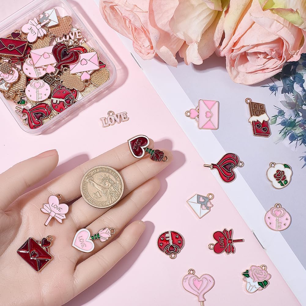 64Pcs 16 Styles Alloy Enamel Valentine's Day Charms Red Pink Rose Flower Love Word Heart Envelope Chocolate Pendants for DIY Jewelry Making Earrings Necklace Bracelet Keychain Crafts - Image 3